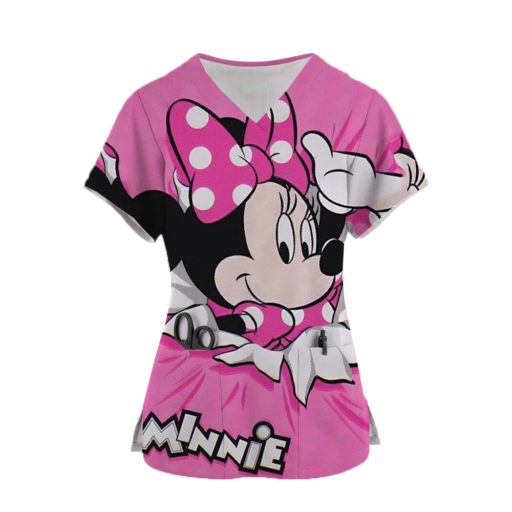 

2024 summer Casual Disney Mickey Minnie women's shirt women's Nurse clothing pocket T-shirt women's top summer shirt women's top