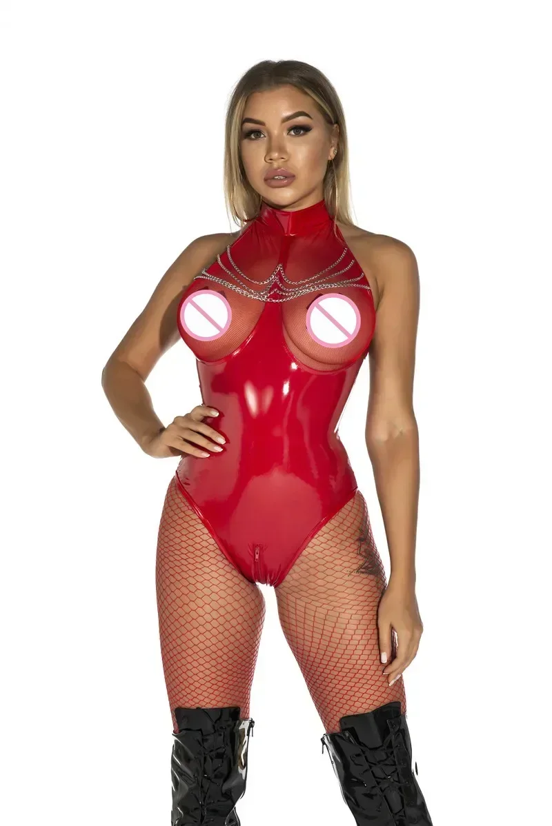 Sexy Wetlook Faux Leather Catsuit PVC Latex Bodysuit Hollow Out Bust Open Crotch Clubwear For Women Fetish Hot Erotic Pole