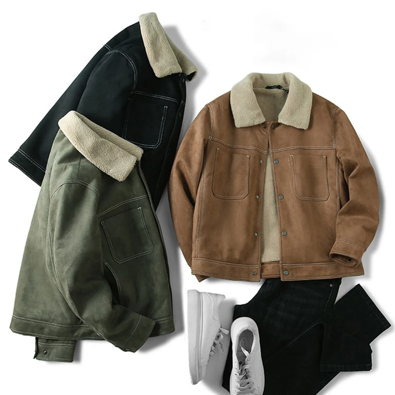 

Retro Suede Fleece Jacket For Men Winter Faux Lambswool Splicing Safari Style Jackets American Casual Fashion Thicken Coat