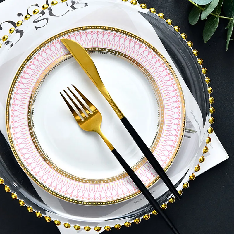 

Creativity Golden Border Plates Set Nordic Modern Ceramic Dinner Plate Dining Table Decorative Main Course Dish Kitchen Utensils