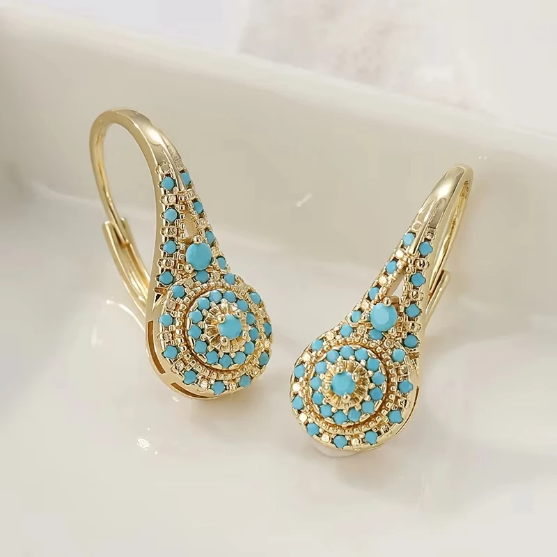 Eleganter Stil Damen Boho Tropfen-Ohrringe Vollständig Blaue Synthetische Türkis-Ohrringe Damen Party-Accessoires Goldfarben Charmanter Alltagsschmuck