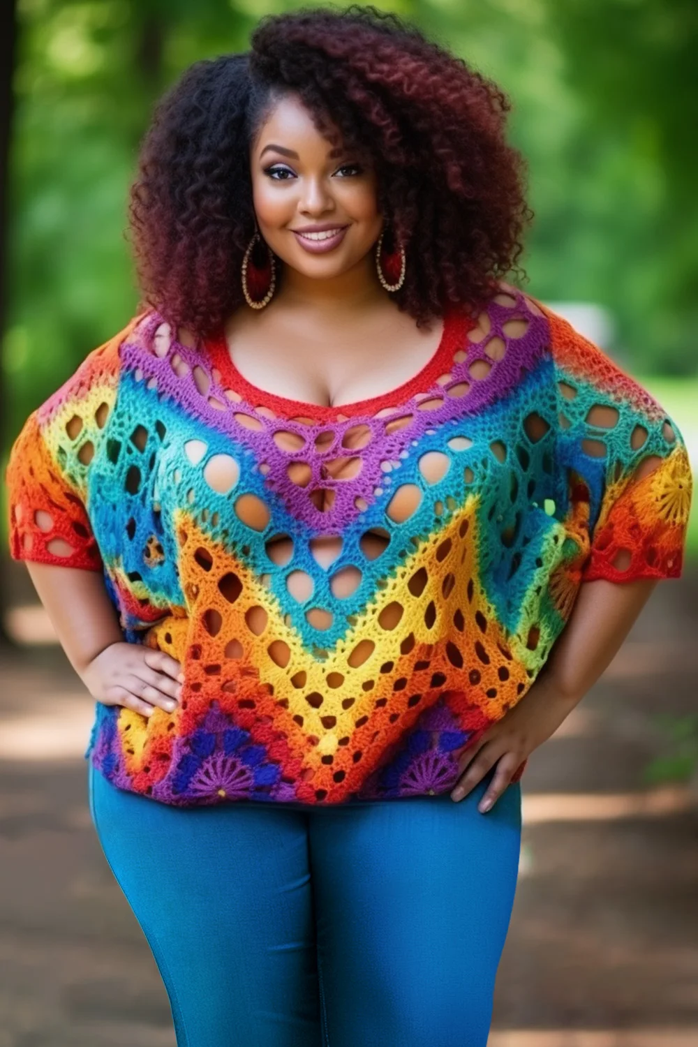 

Plus Size Beach Casual Multicolor Colorblock Round Neck Half Sleeve Hollow Crochet Blouses