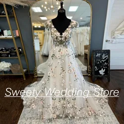 Flower Wedding Dress Customized Cap Sleeve V Neck Embroidery Lace A Line Bridal Gown Open Back Vestido De Noiva Bride Dresses