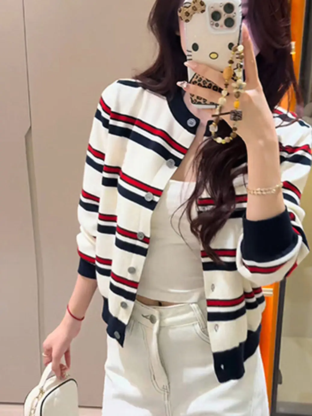 Korean Style Slim Fit Knitted Cardigan Women's round Neck Striped Sweater Jacket Autumn Fashionable Button up Outerwear