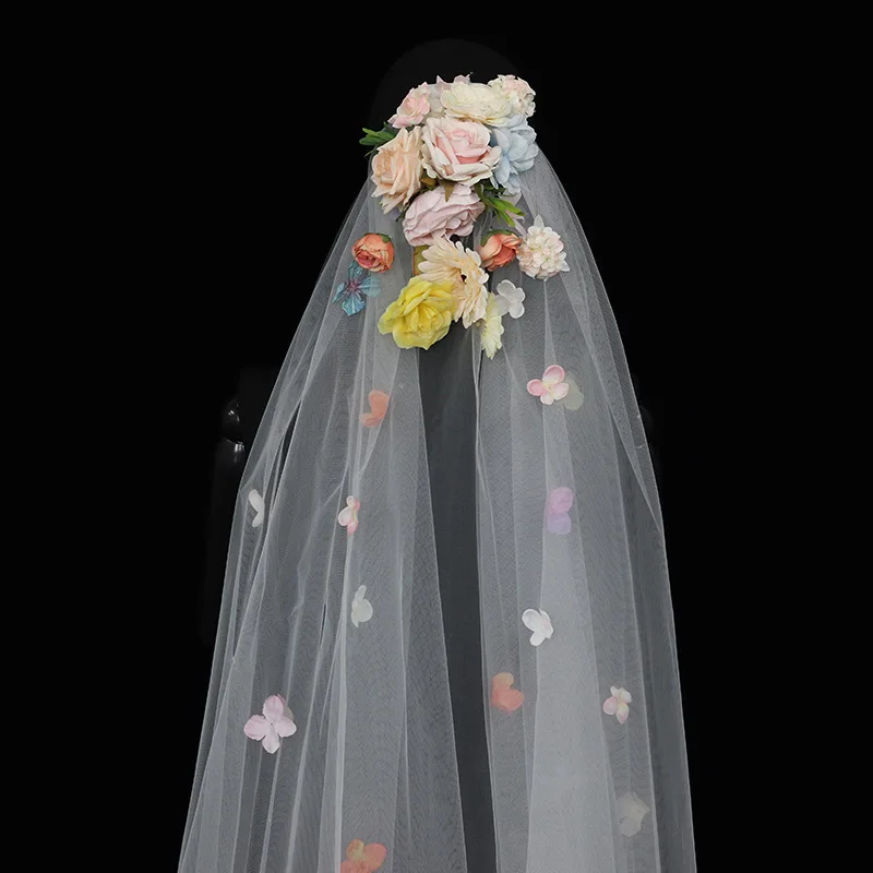 New Bridal Sweet Simulation Flower Veil Dopamine Retro Headdress Long Mori Super Fairy hair  Accessories