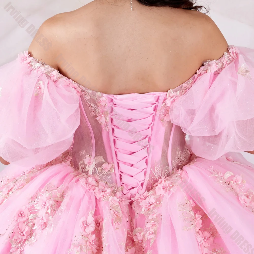 Customized Quinceanera Dresses Off Shoulder Corset Puff Sleeves 3D Flowers Applique Ball Gown Party Birthday Sweet 15 16 Dresses
