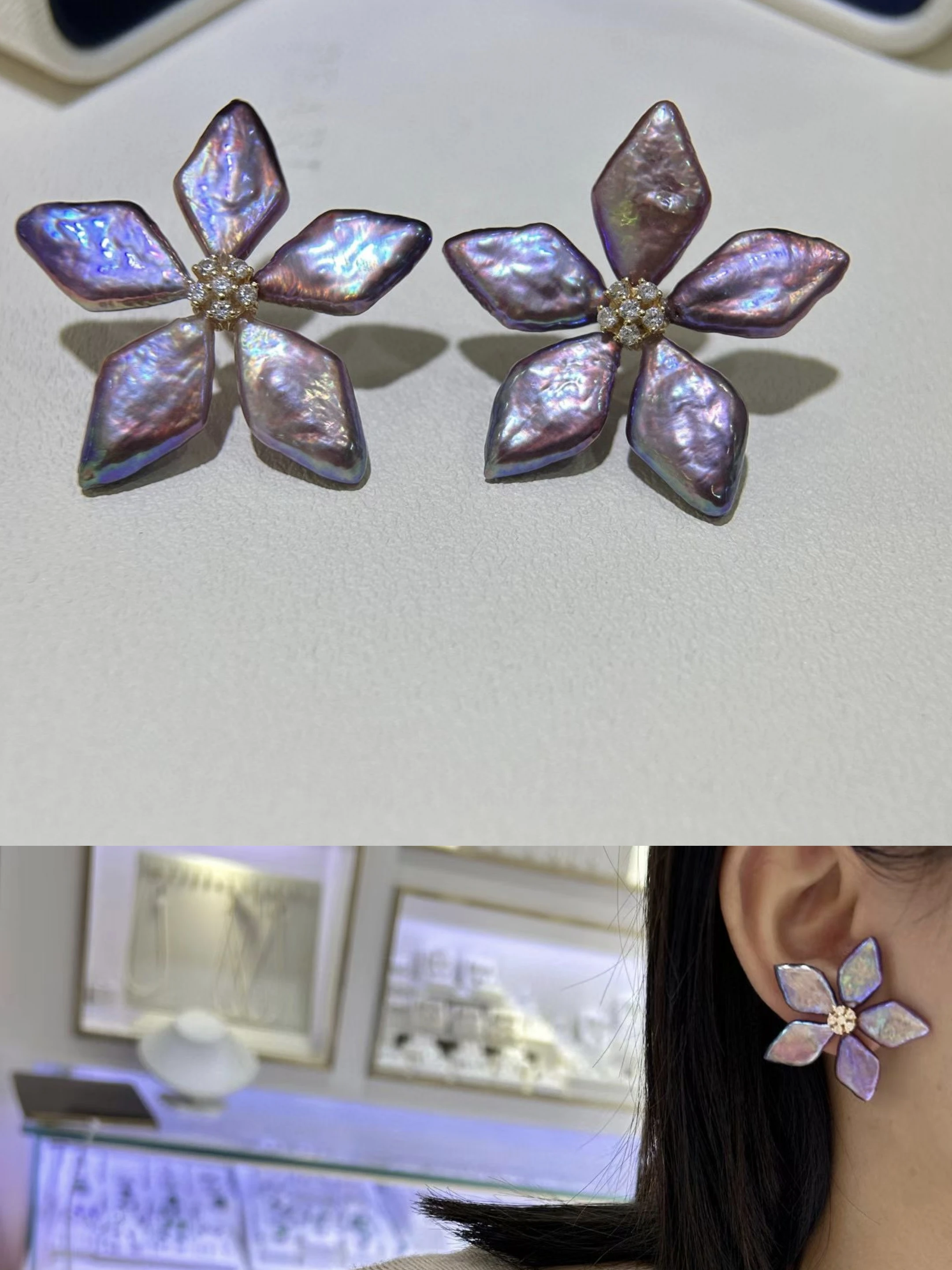 

Certificated 925 Silver Natural Purple Petal Pearl Floral Ear Stud Dahlia Jewelry Freshwater Baroque Pearl Big Earring Jewelry