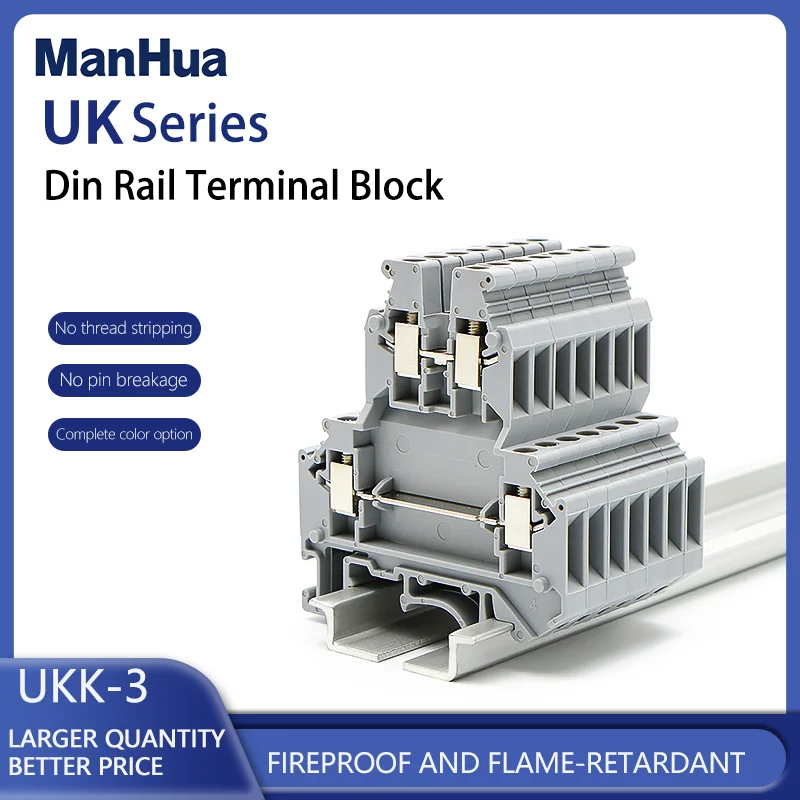 ManHua 10Pcs UKK-3 Din Rail  Mount Screw Connection Electrical Double Levels Wire Conductor Distribution Block