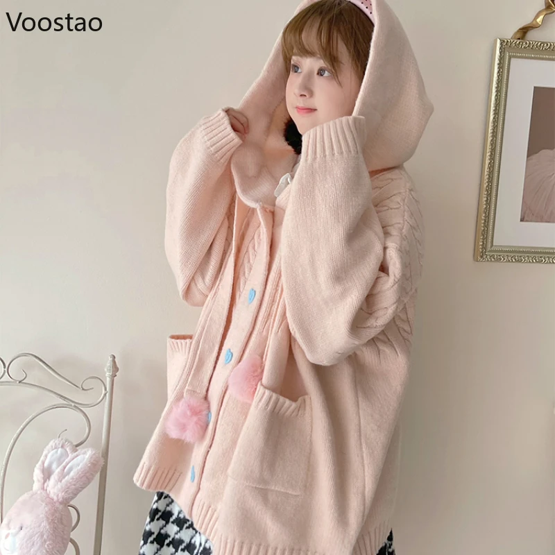 Japanese Cute Lolita Knitted Cardigan Women Harajuku Kawaii Pink Hooded Long Sweater Coat Girls Sweet Loose Pocket Knitwear Tops