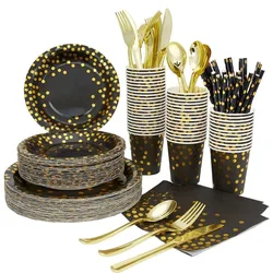 Black Gold Dot Bronzing Paper Disposable Tableware set Paper Party Supplies Birthday Party Wedding Decorations cup plate golden