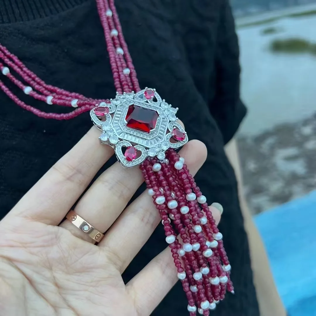 23” 4 Strands Red Jade Gems Stone Necklace White Keshi Pearl CZ Pave Pendant