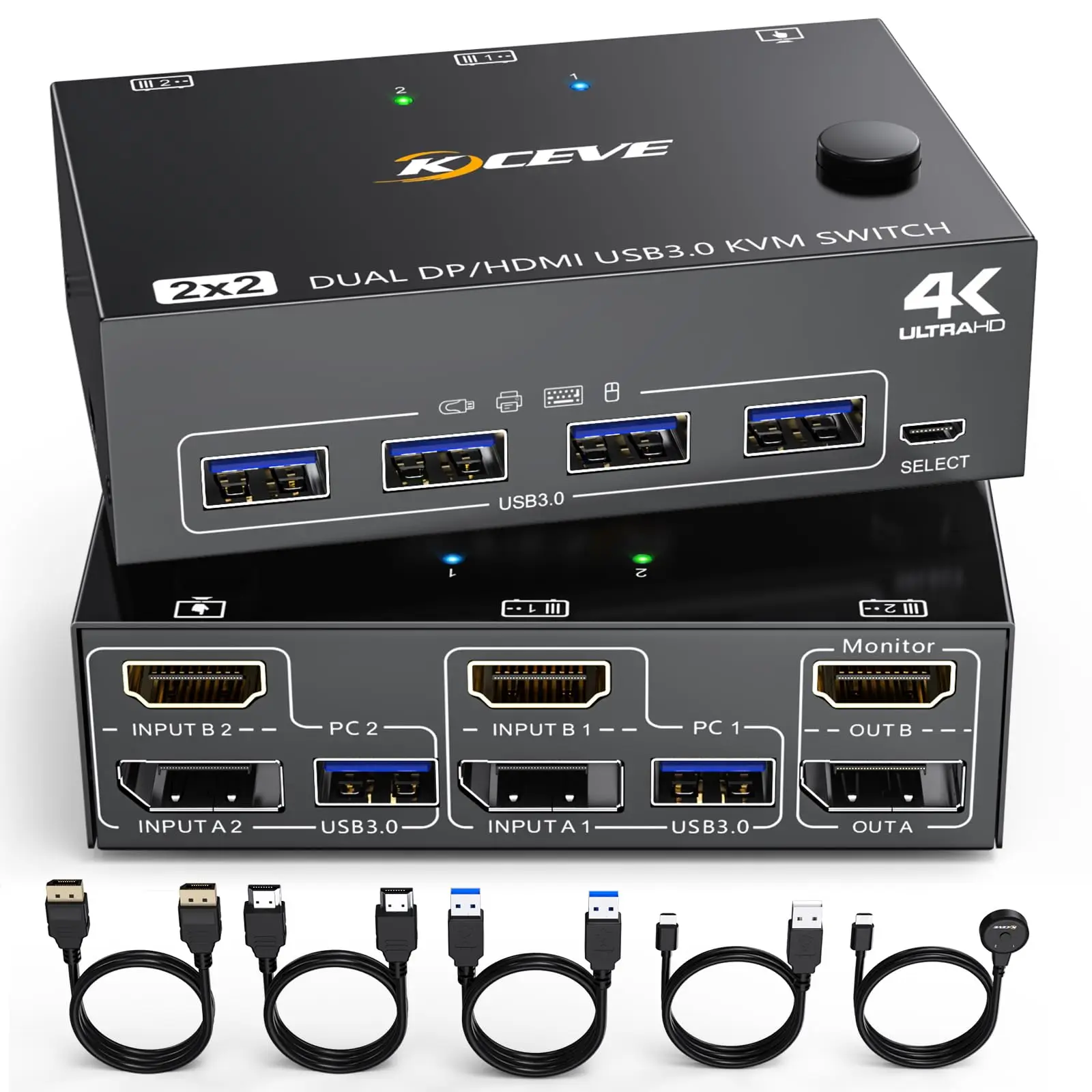 

KCEVE DP HDMI USB 3.0 KVM Switch 2 Computer 2 Monitors, Dual Monitors KVM Switch Supports 4K@60Hz for 2PC Share Keyboard, Mouse