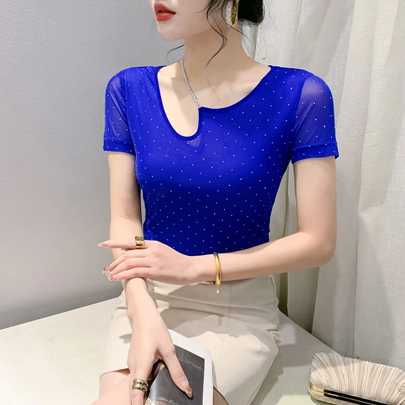 2024 New Summer European Clothes T-Shirt Fashion Sexy O-Neck Shiny Diamonds Chain Tops Women Short Sleeve Hand Made Tees 43009