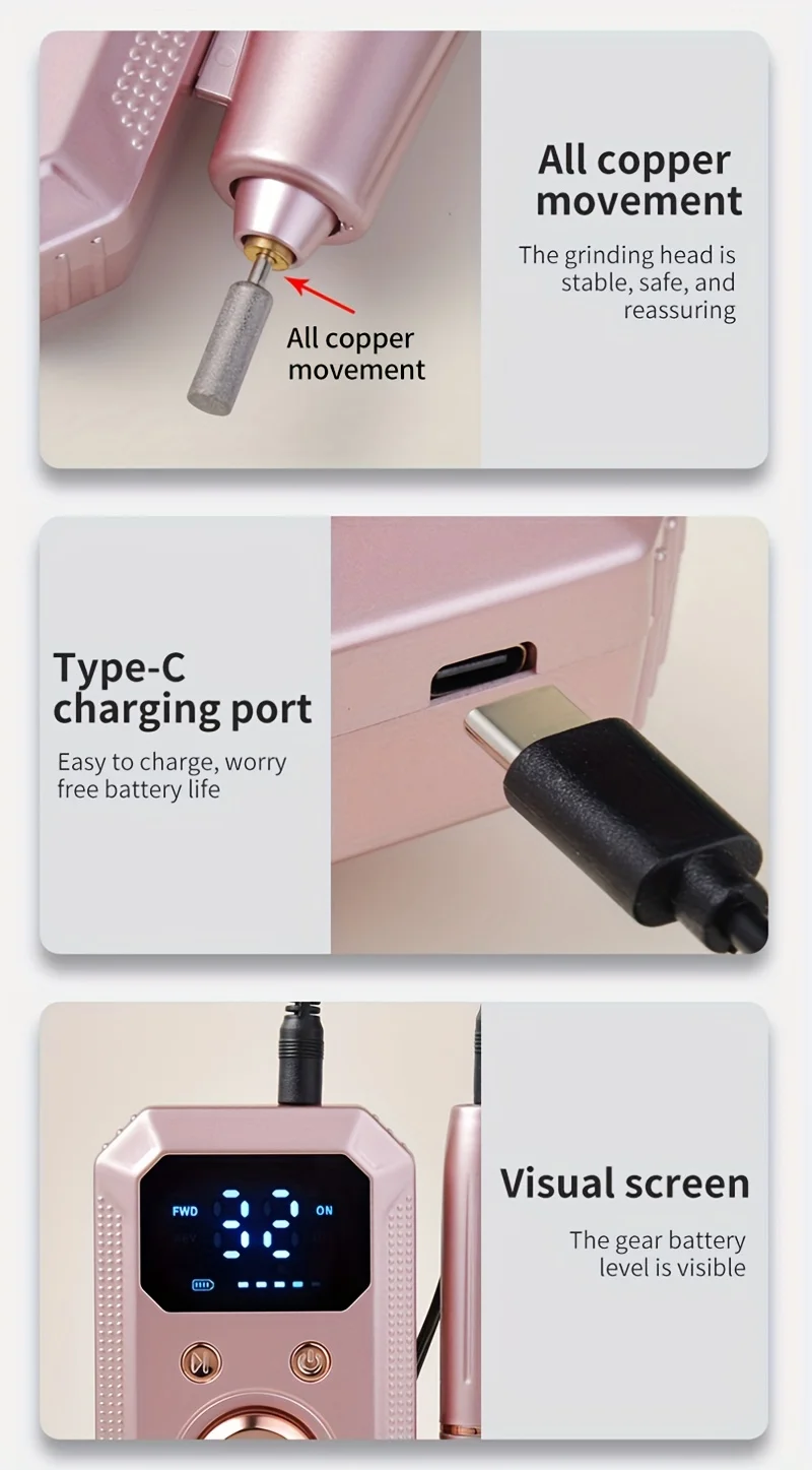 Rechargeable Electric Nail Drill Machine, Professional Nail Polisher with 11 Nail Drill Bits & 20 Sanding Bands, High Speed Manicure Tool for Salon & Home Use, Perfect Gift for Women
