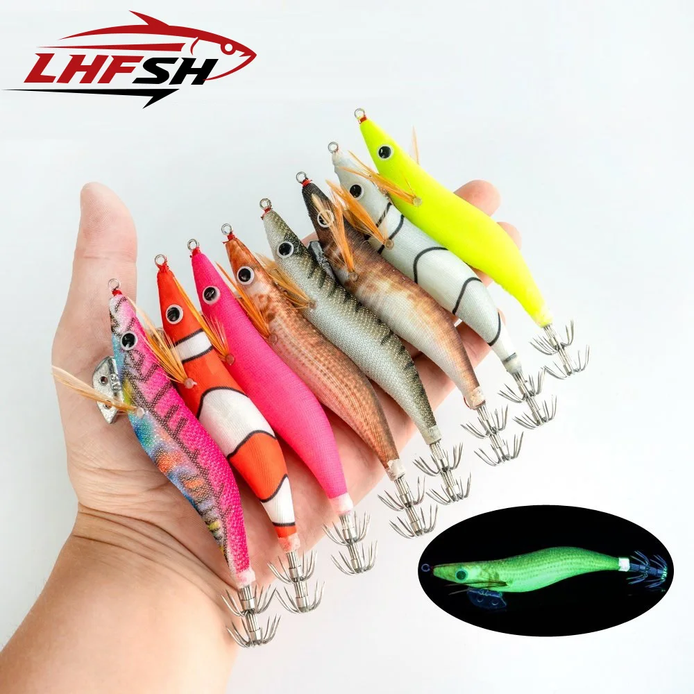 7.2G-14G Squid Jig Hard Fishing Lure Shrimp Prawn Luminous Glow in Dark Lure Tackle Hard Bait Cuttlefish Octopus Wooden Shrimp