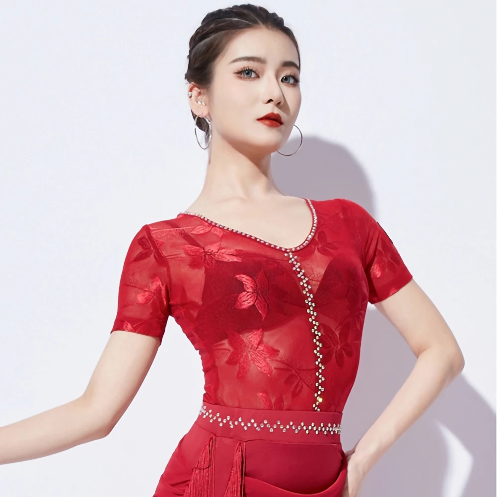 

Dance Black Top For Women Long Sleeves Sexy Red Paste Diamond Ball Print V-Neck Short Sleeve Line Dance Shirt Samba Dance