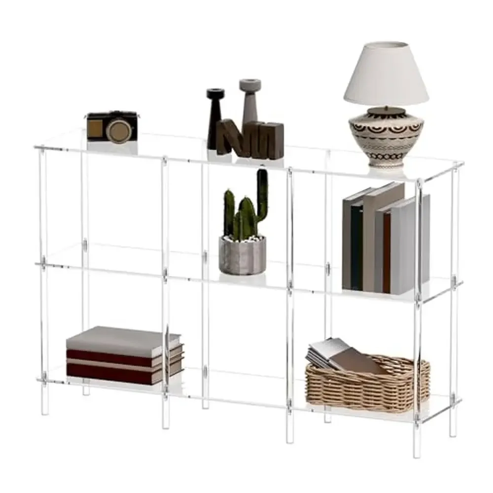 Acrylic 3-Tier Clear Horizontal Bookshelf Large Storage Bookcase Waterproof Modern Design Shelf Floor Mount Living Room Bedroom