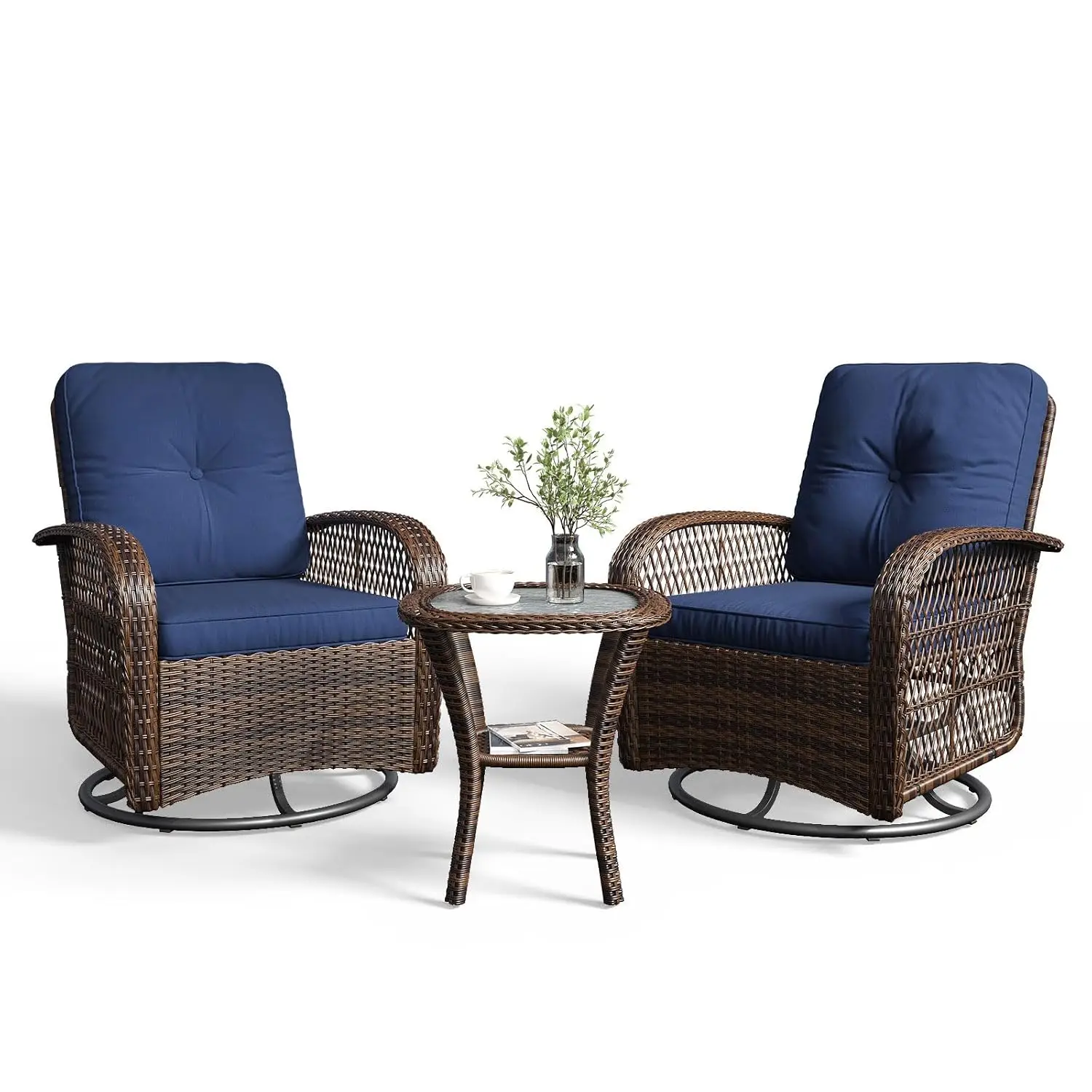 Patio Swivel Rocker Chairs Set 2 Wicker Outdoor Bistro Set Thickened Cushions Table Porch Furniture, Customized