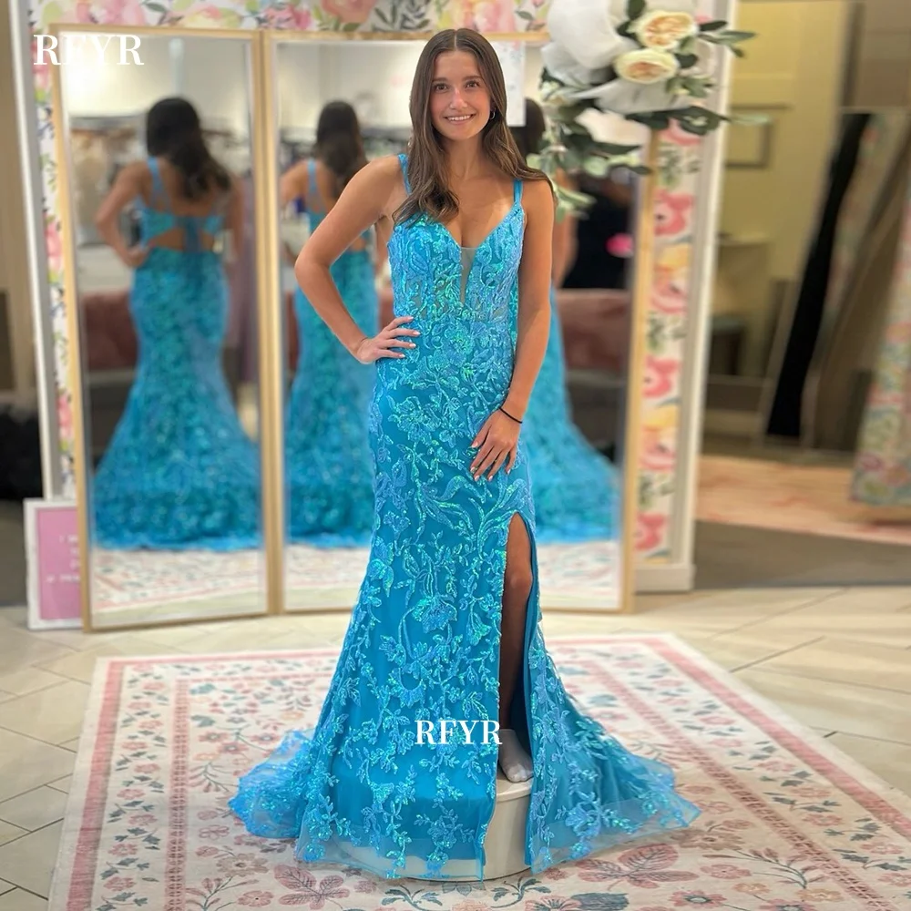 RFYR Blue Birthday Party Dress with Applique Floral Prom Dresses with Side Slit Princess Gowns vestidos de fiesta Customized