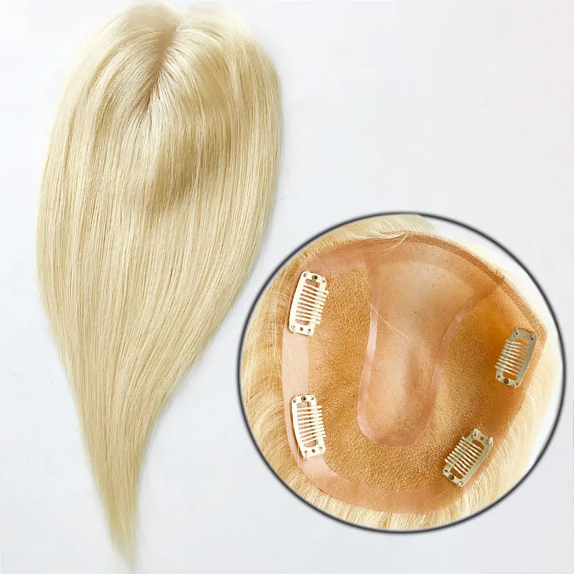 Blonde Color Silk Base Women Topper 14x16cm #613 Straight Virgin Human Hair Hairpiece 4 Clips For Bald Lace Around Topper