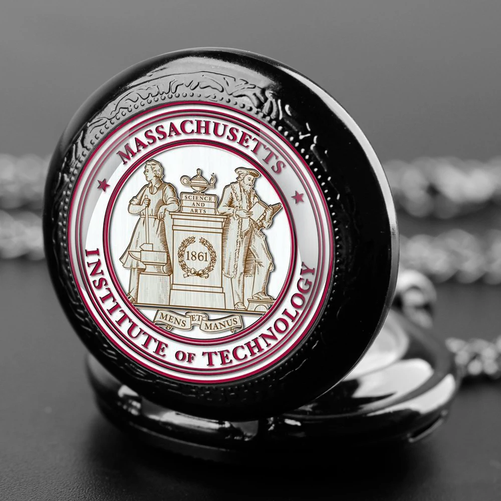 Massachusetts Institute of Technology Logo Quartz Pocket Watch with Chain Necklace Vintage Collection Gifts for Men Women