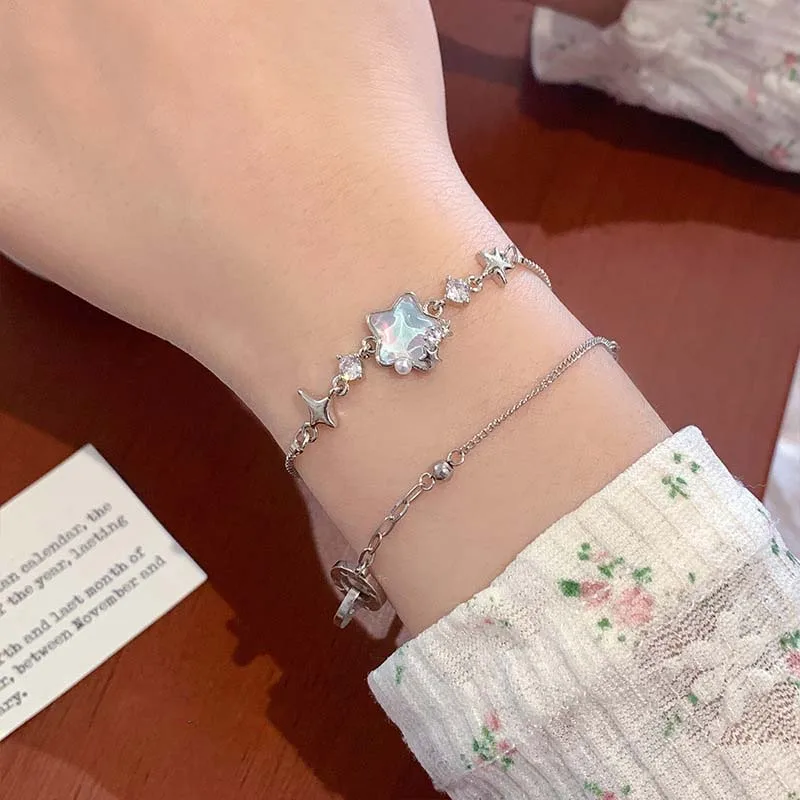 

Браслет Y2K с синими кристаллами и звездами для женщин, изысканный регулируемый браслет с цирконом, пентаграммой и крестом, ювелирное украшение, подарок