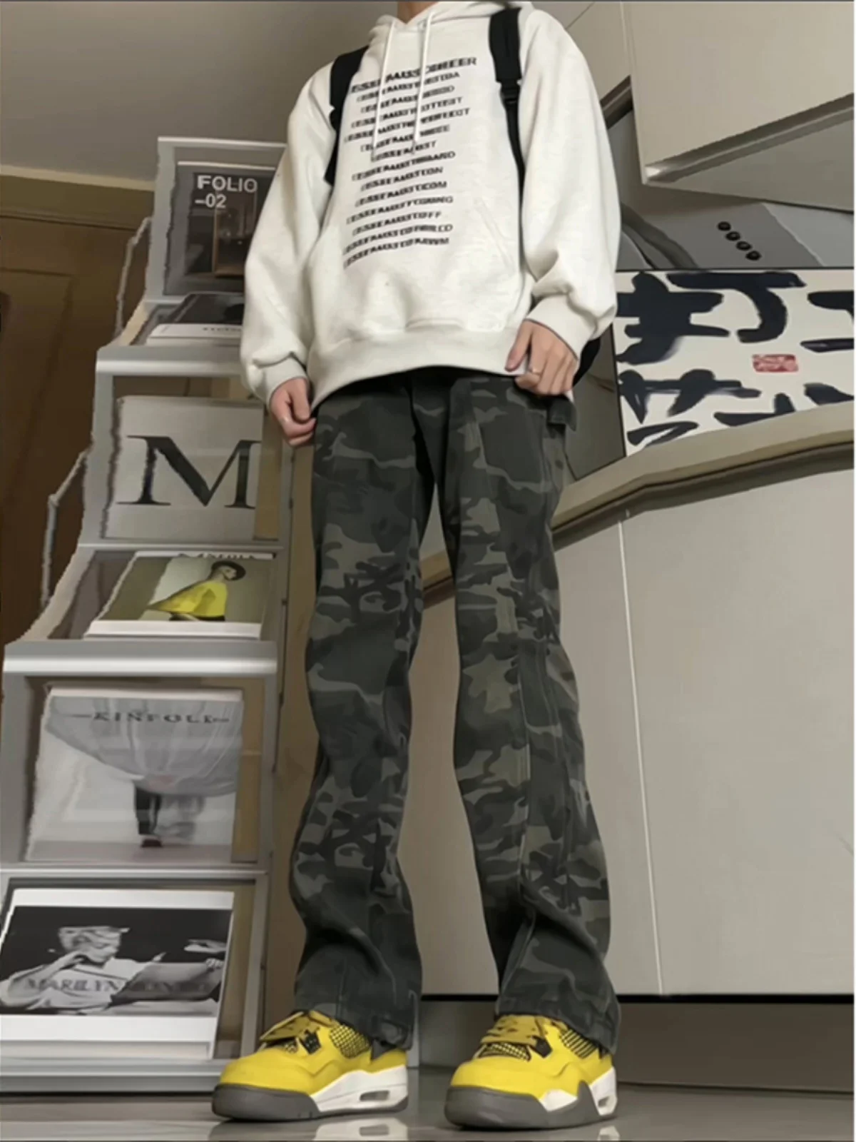 

Мужские джинсы Cleanfit с камуфляжным принтом и флисовой подкладкой, американские повседневные брюки в стиле High Street, слегка расклешенные рабочие брюки, молодежные брюки Vitali