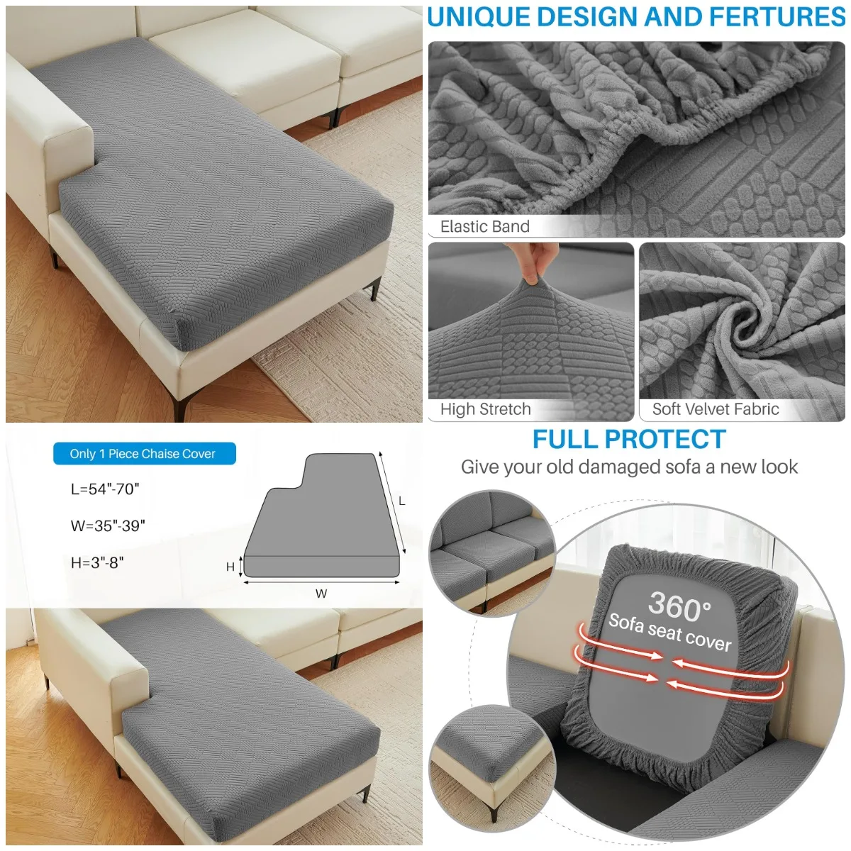 

L-Shape Sectional Couch Cover, 1-Piece Chaise Slipcover for Left/Right Sofa, Dark Grey