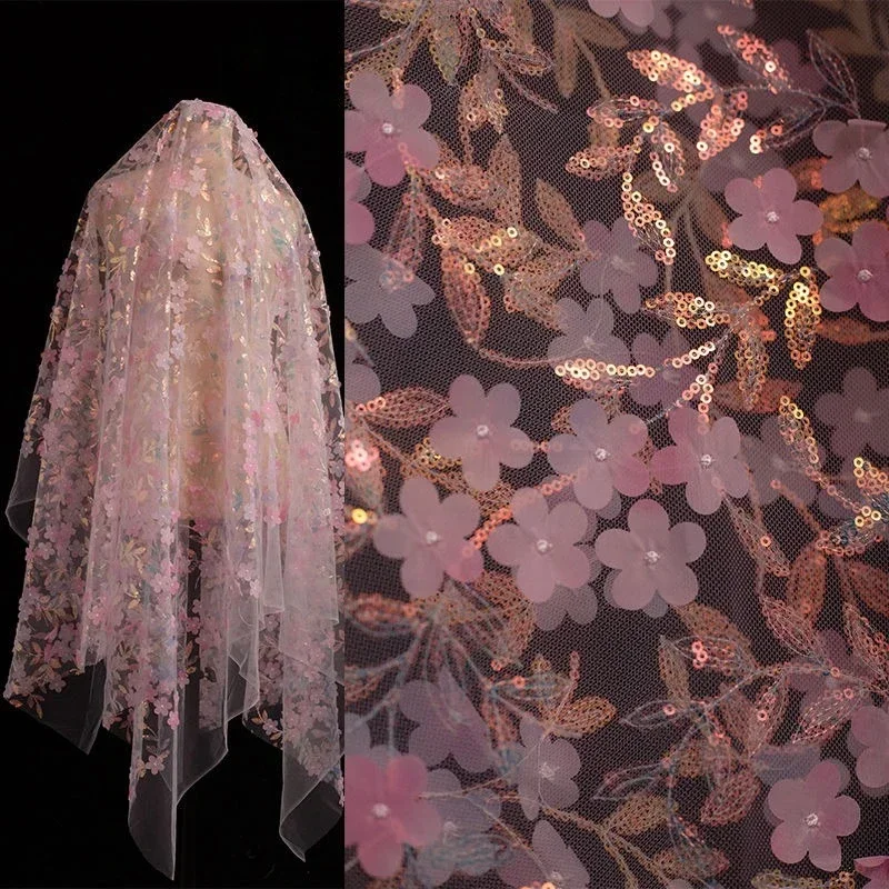 

Мягкая сетчатая марлевая ткань с маленьким цветком и блестками, шитье платья, вечернее платье, детская одежда, микроэластичная ткань «сделай сам»