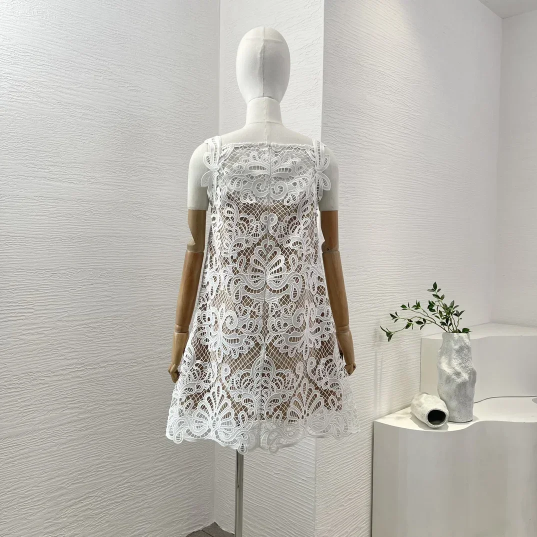 Camisloe Women White Lace Patchwork Embroidery Floral Hollow Out Re-tro 2024 Summer High Quality Mini Dress