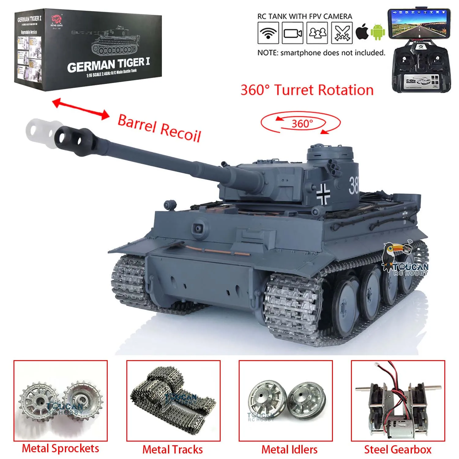 RC Panzer Heng Long 1/16 7.0 Upgrade Tiger I RC Tank FPV 3818 W/ 360° Turret Barrel Recoil Vehicle TH17243