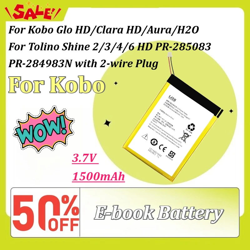 

3.7V 1500mAh E-book Battery for Kobo Glo HD/Clara HD/Aura/H2O for Tolino Shine 2/3/4/6 HD PR-285083 PR-284983N with 2-wire Plug