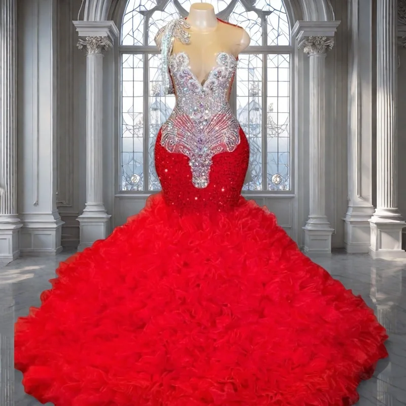 

Red Mermaid Crystal Ruffle Prom Dresses Long for Women 2026 Diamond Crew Neck Formal Evening Gowns Customized