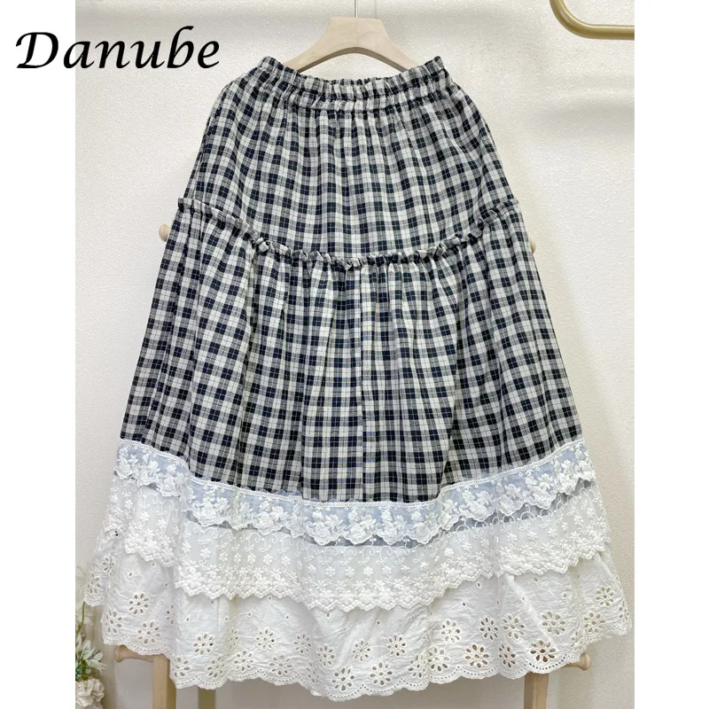 Vintage Lace Patchwork Plaid Skirt Women Spring Japanese Mori Girl High Waist Cotton Linen Cake Skirt Casual A-Line Holiday Muje