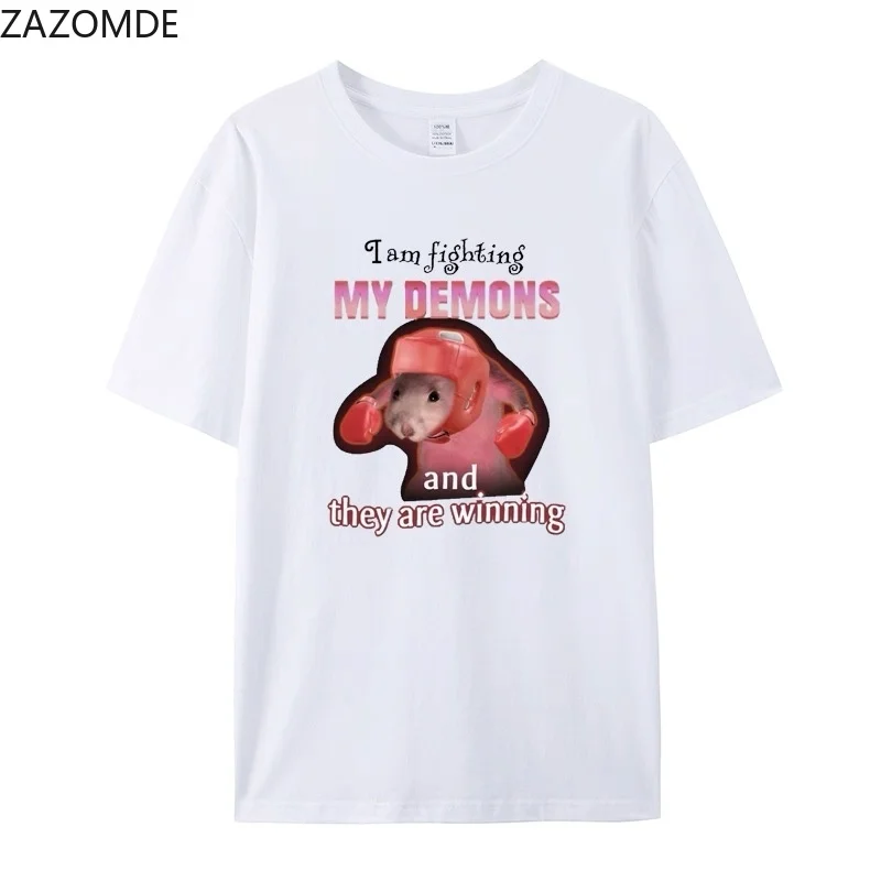 ZAZOMDE Kawaii Cartoon Bear Peeking From Zipper Print T-shirt Men Women Harajuku Aesthetic Breathable Cotton Daily Tops Summer