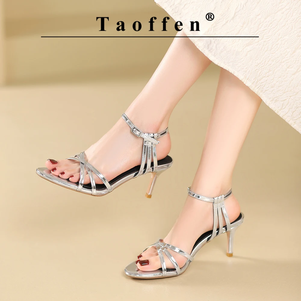 

Taoffen Band Genuine Leather Sandals Thin Mid Heels Women Gladiator Sandals Open Toe Vintage Roma Sandals Thin Heels 2024 Trend