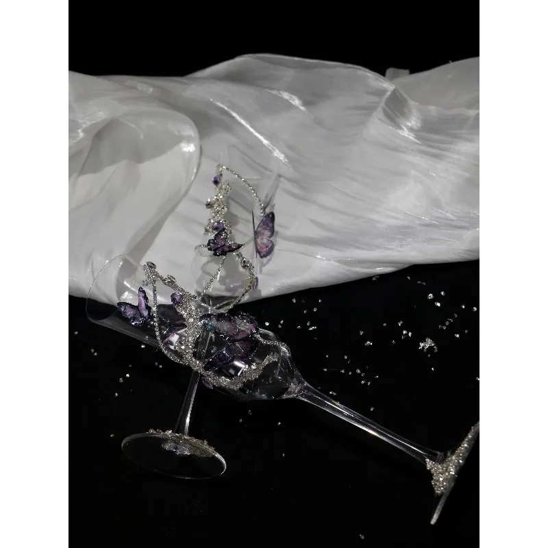 Purple champagne glass, Epoxy butterfly diamond goblet, handmade toasting cup DIY material bag, engagement and wedding gift.