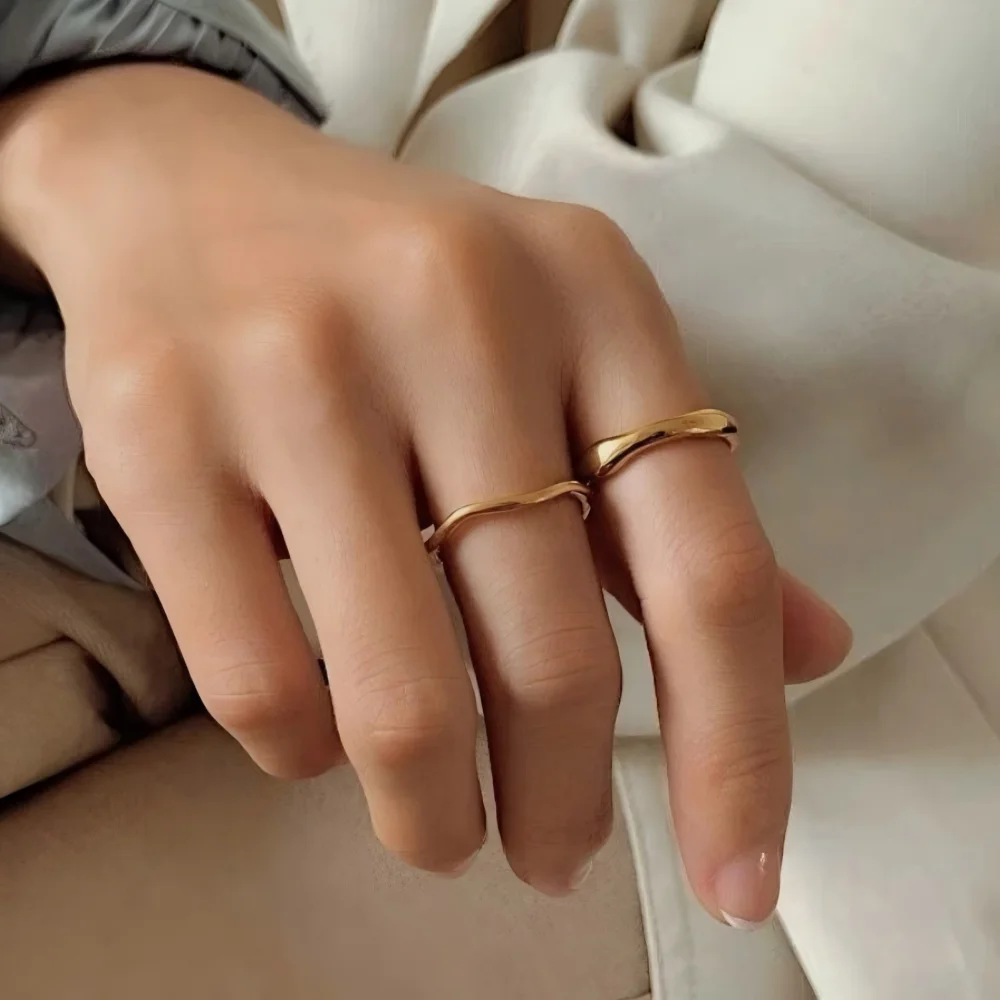 Women's Gold Color Chunky Ripple Band Stackable Ring Set