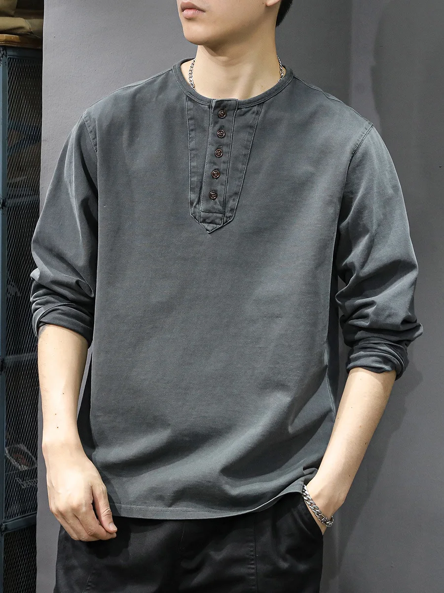 

Men's Henley Neck Long Sleeve T-Shirt 100% Cotton Relaxed Fit Top Casual Streetwear Spring Fall Tee with Topstitch Detail
