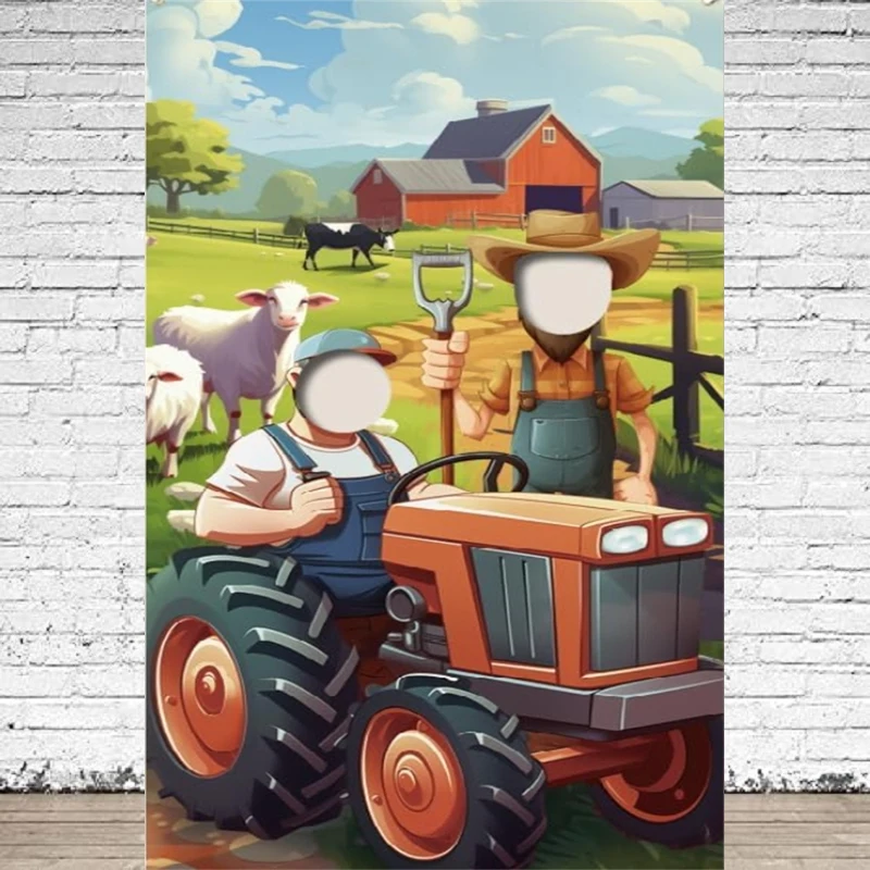 Farm Animals Photo Door Photography Backdrop Cowboy Face Barnyard Themed Birthday Party Pretend To Play Game Prop Background