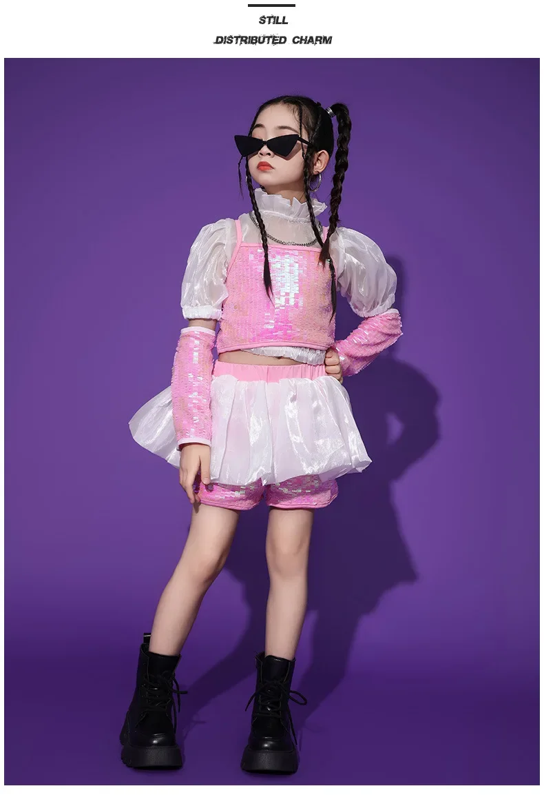 Pailletten-Jazz-Tanzset für Mädchen, Hip-Hop-Bühnenoutfit, Laufsteg-Show-Kostüm mit Glitzer für Kinder und Teenager, Tanzwettbewerbskleidung – Detail 8
