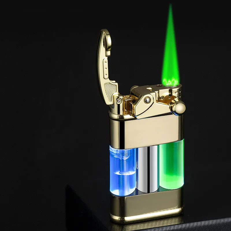 Rocker Switch Ignition Butane Gas Lighter Outdoor Windproof Turbo Torch Straight Green Flame Jet Cigar Lighter Men's Tools