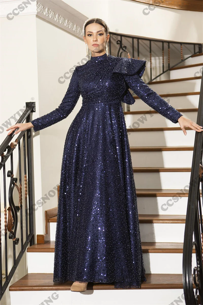 

Sparkly Sequin Long Sleeve Muslim Evening Dresses Hijab Islamic Formal Party Gown Women Arabic Kaftan Robe De Soiree