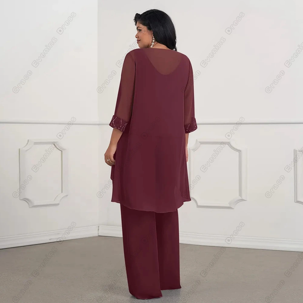 Burgundy Full Sleeve Mother of Bride Dresses for Women Beach Chiffom Wedding Party Dresses with Lace 2025 Summer Robe De Soirée