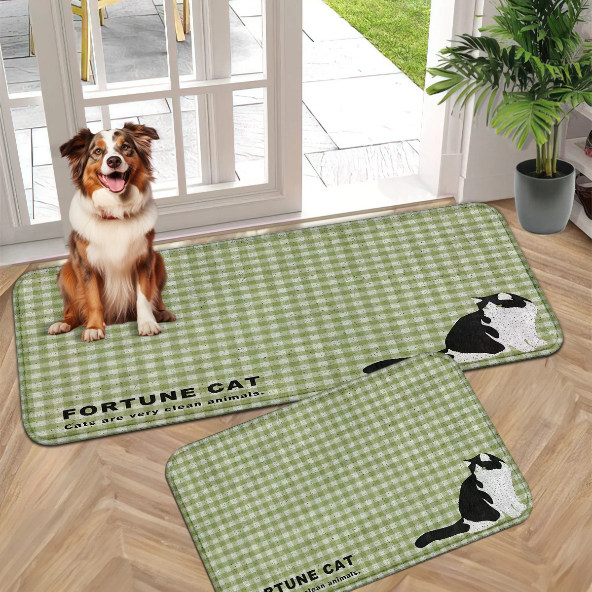 Fresh Healing Print Mat, Green Plaid Door Mat, Bright Rug, Smiley Face Mat, Plaid Cow Cat Always Smile Decor Set.