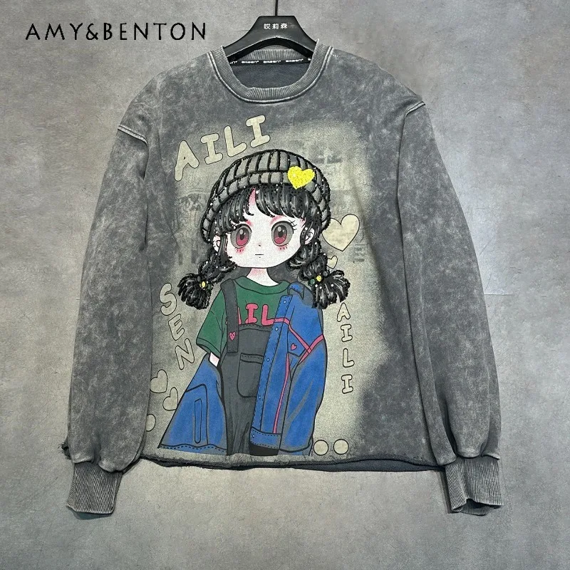 

Autumn Winter Heavy Industry Sequin Print Cartoon Little Girl Round Neck Sweatshirt Women Loose Casual Versatile Y2k Top Hoodies