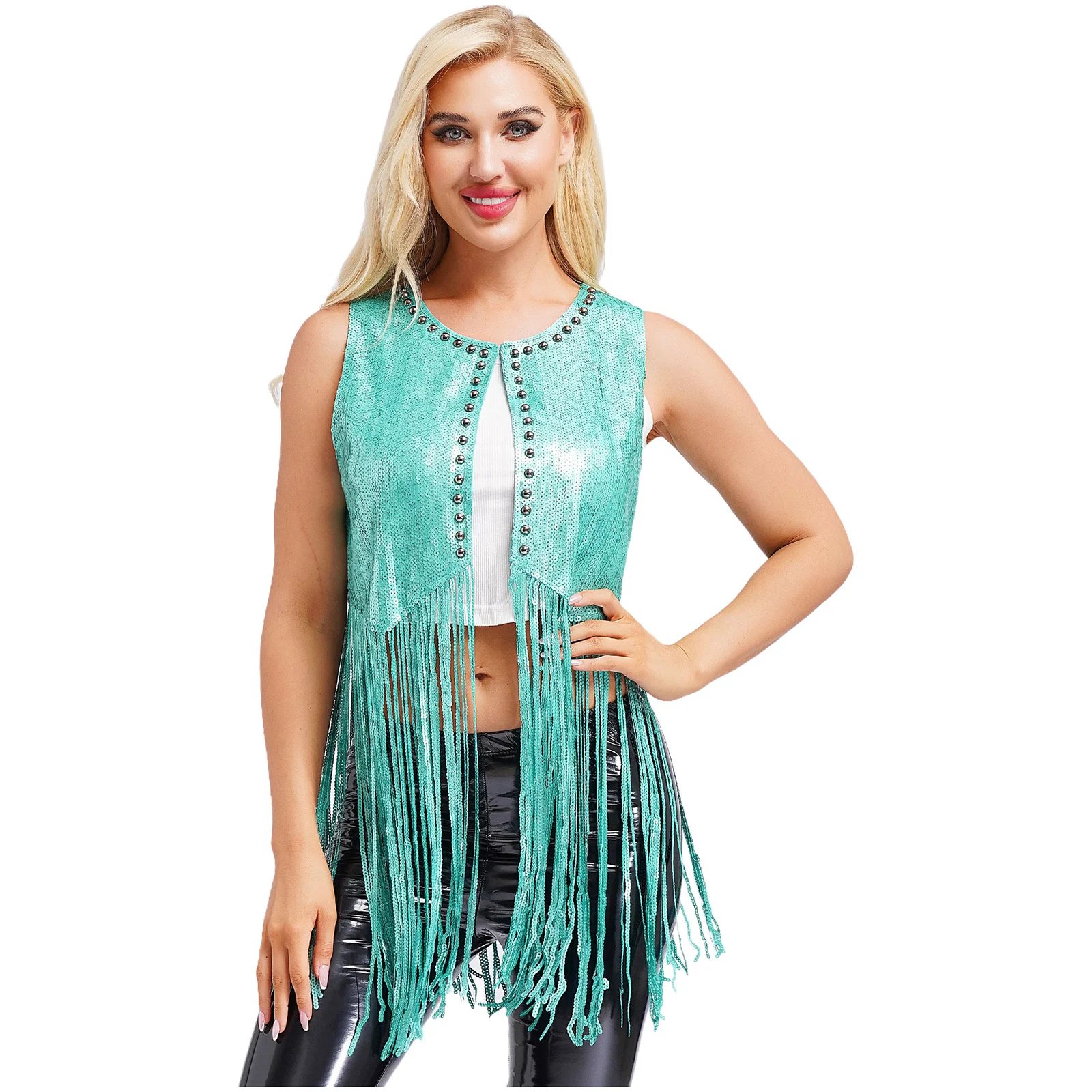 

Shiny Vintage Cardigan Women Fashion Sequins Vest Sleeveless Sparkle Plastic Beads Waistcoat for Party Club High Street Outfit