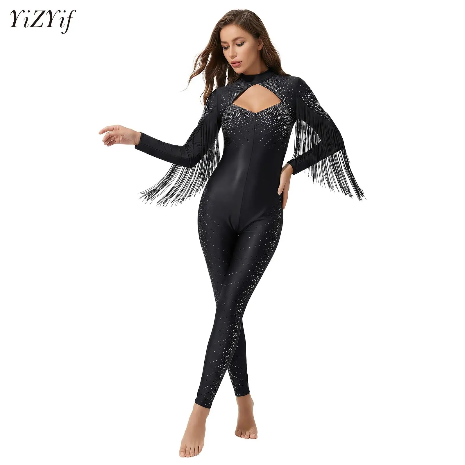 

Womens Gymnastics Jersey Artistic Figure Skating Ballet Dance Unitards Jumpsuit Rhinestone Long Sleeve Tassel Bodysuit Rompers