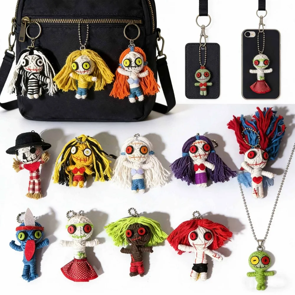 Handmade Voodoo Doll Keychain Yarn String Dolls Halloween Party Decor Gothic Witchcraft Amulet Keyring Backpack Bag Charm