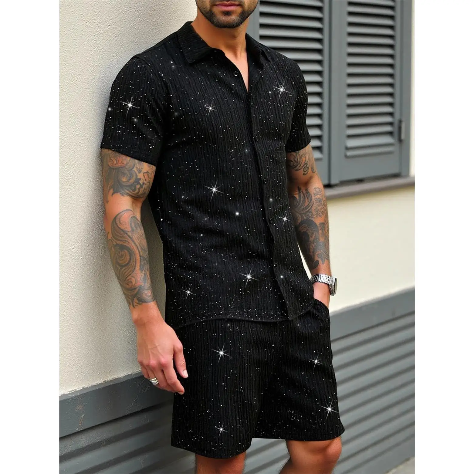 

Shiny Black Short Sleeve Shirt And Five-Quarter Pants Beach Set Casual Sportswear Two-Piece Suit for Men Summer Polyester
